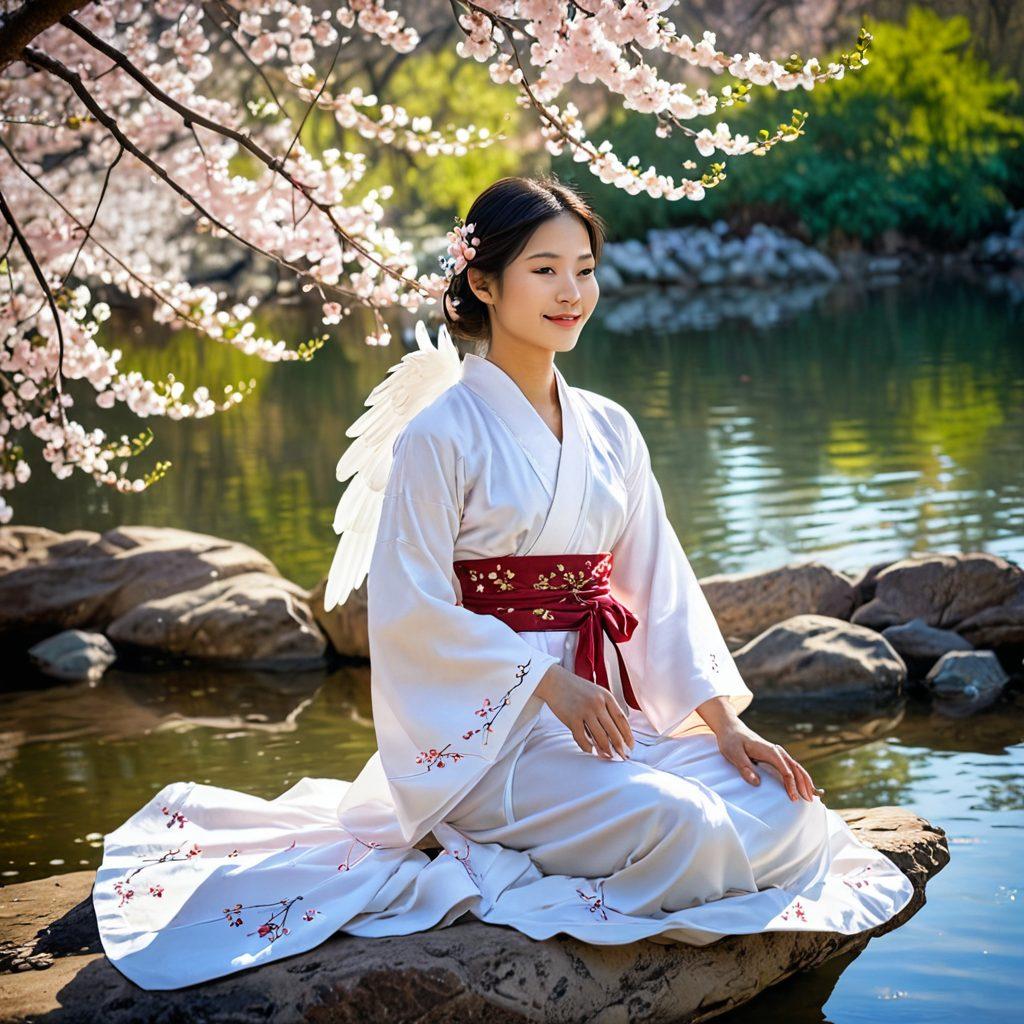 A serene scene with a smiling Asian angel in traditional attire, surrounded by blooming cherry blossoms. The angel emanates a gentle, calming glow, wings softly spread, as they meditate by a peaceful river. Vibrant colors evoke joy and tranquility. super-realistic. vibrant colors. ethereal background.