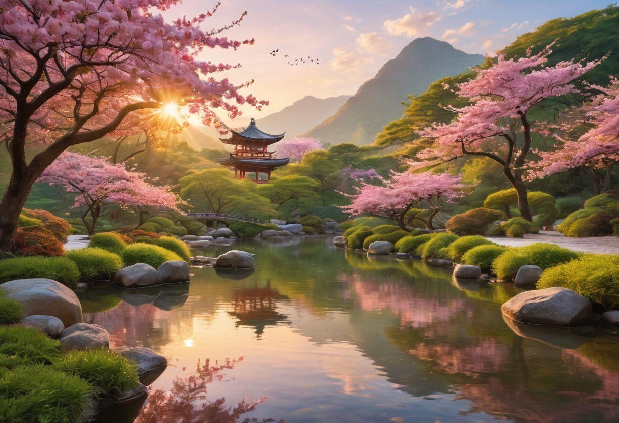 A serene Asian landscape with ethereal angels gracefully hovering, their radiant halos casting a soft glow. Each angel exudes sheer joy and peace, sharing ancient wisdom through glowing symbols. Cherry blossoms in full bloom, a zen garden, and a calm river enhance the tranquil setting. painting. vibrant colors.