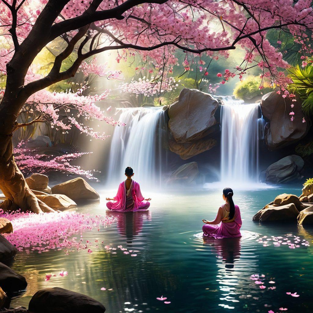 An ethereal garden with gentle waterfalls, filled with cherry blossom trees and golden lanterns. A wise Asian angel, dressed in traditional attire, with a serene smile, guiding a diverse group of people in meditation and laughter. Soft sunlight filters through the trees, creating a heavenly, peaceful ambiance. Mystical elements like floating lotuses and radiant auras around people. painting. vibrant colors.
